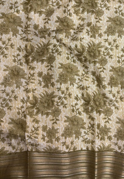 Muslin Tussar Saree-Olive Green In Floral Vine Border