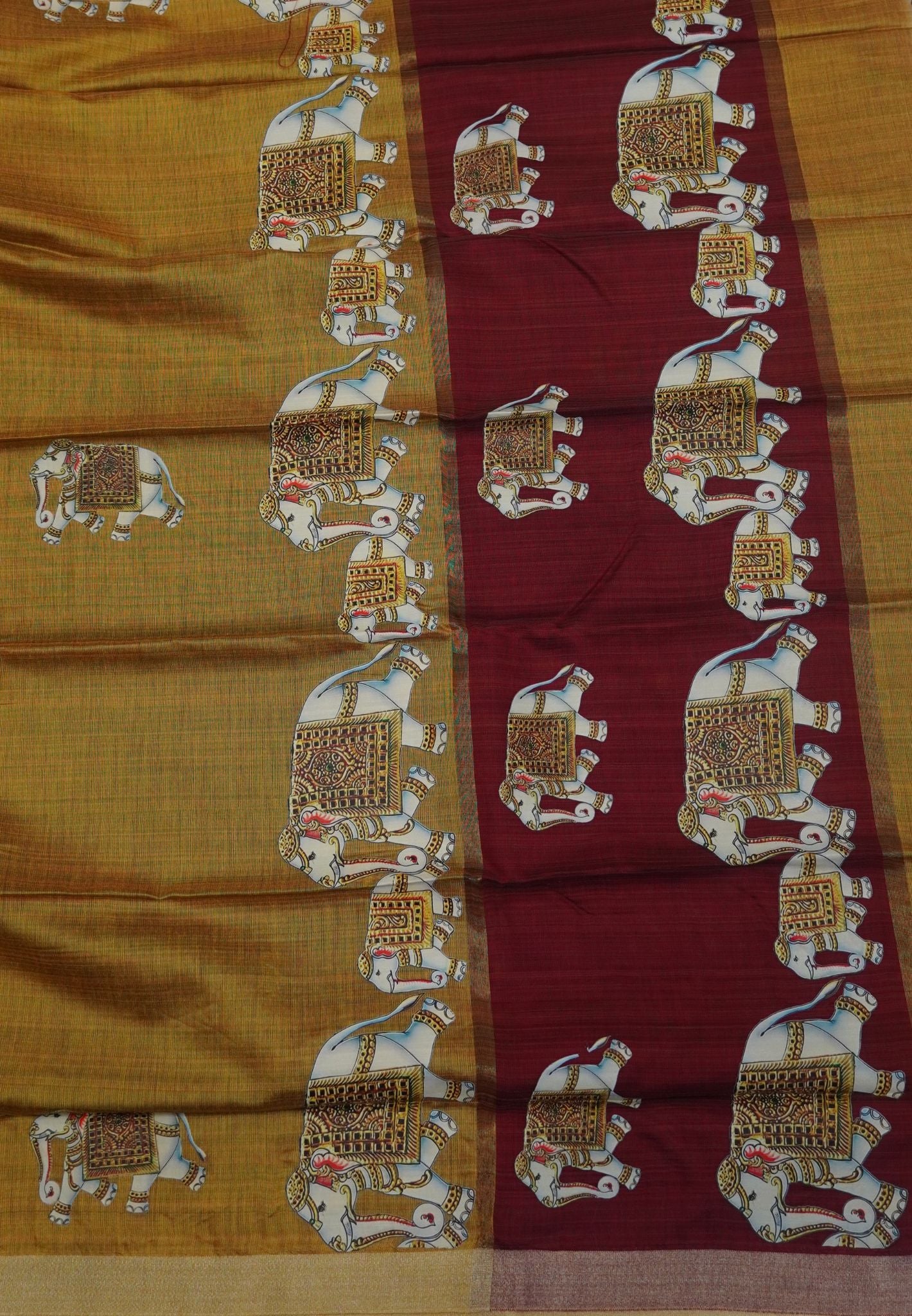 Cora Linen Saree- Pale Golden Yellow with Thanjur Print