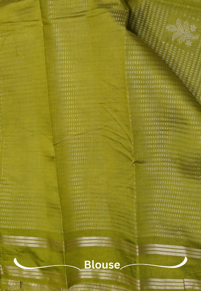 Semi Tussar Saree-Olive Green in RainDrop Zari with Retapet Border