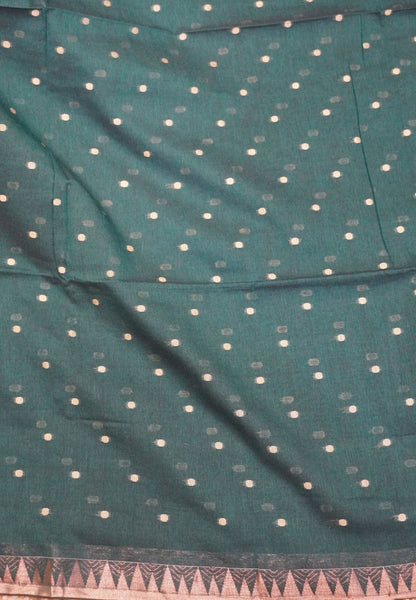 Handloom Cotton Saree-Peacock Green With Delicate Woven Buttas