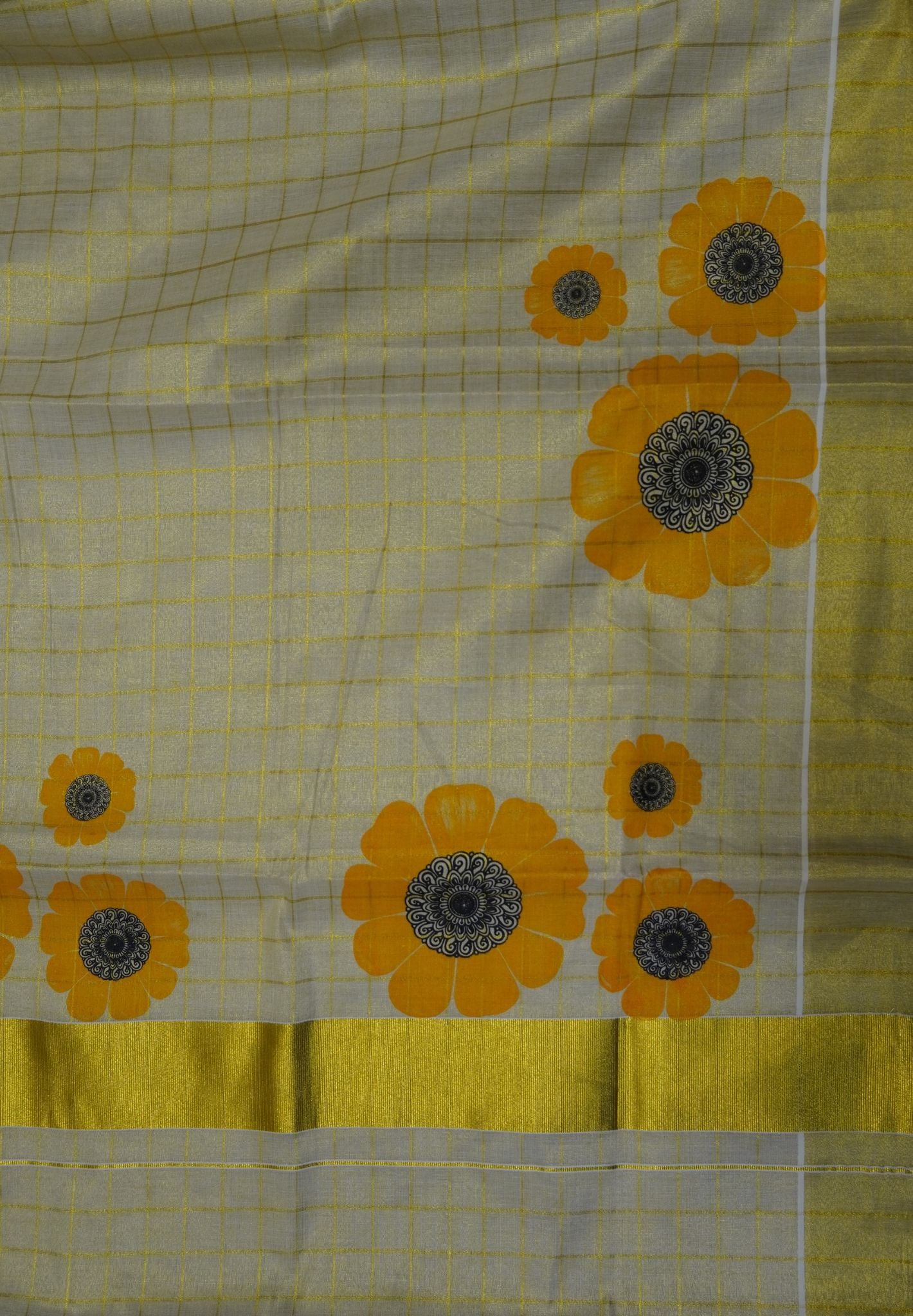 Tissue Saree – Sandal with Golden Checks and Orange Floral Print
