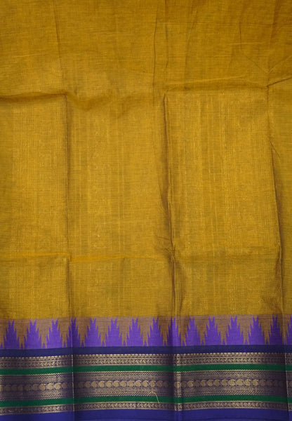 Chettinad Cotton Saree–Dark Mustard with Temple Border