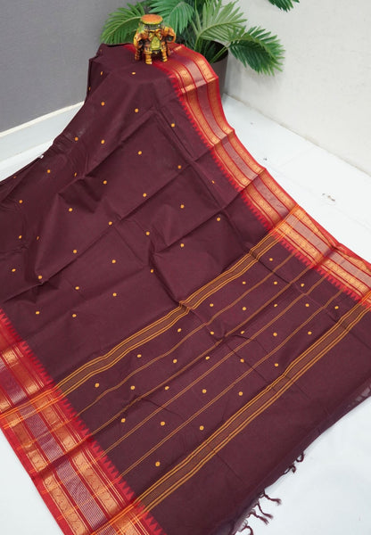 Kanchi Cotton Saree-Arakku-Red With Gopuram Zari Border