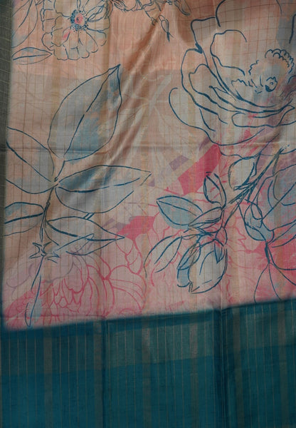 Korean Tussar Saree-Pastel Floral Artistic Weave-Ramar Blue