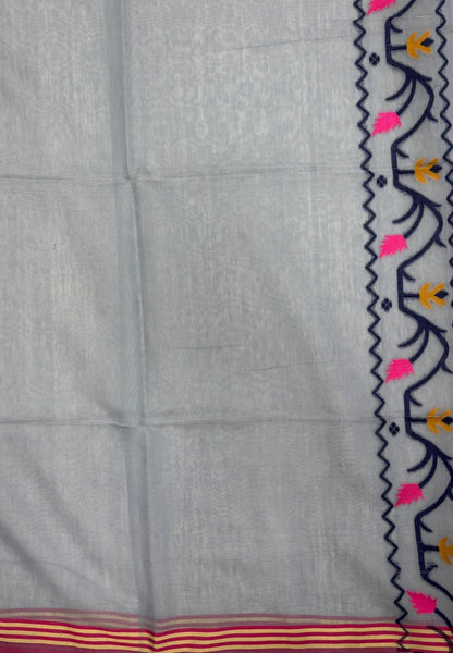 Handloom Cotton Saree-Water Blue In Lotus Floral Border