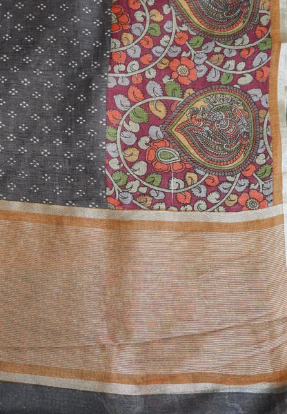 Pure Linen Saree - Kalamkari Grey