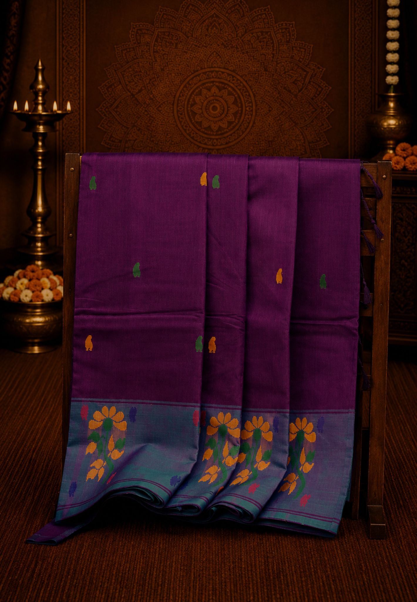 Chettinad Cotton Saree-Purple With Floral Bouquet Border