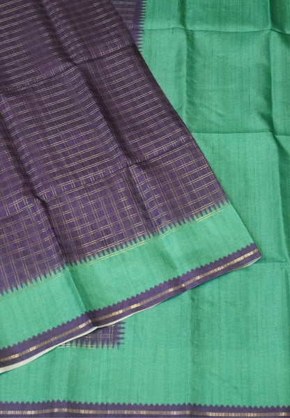 Semi Matka Tussar Saree-Dark Purple with Contrast Border and Zari Checks
