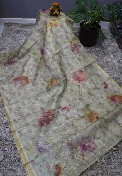 Linen Kota Saree - Metalic Green with Floral Prints