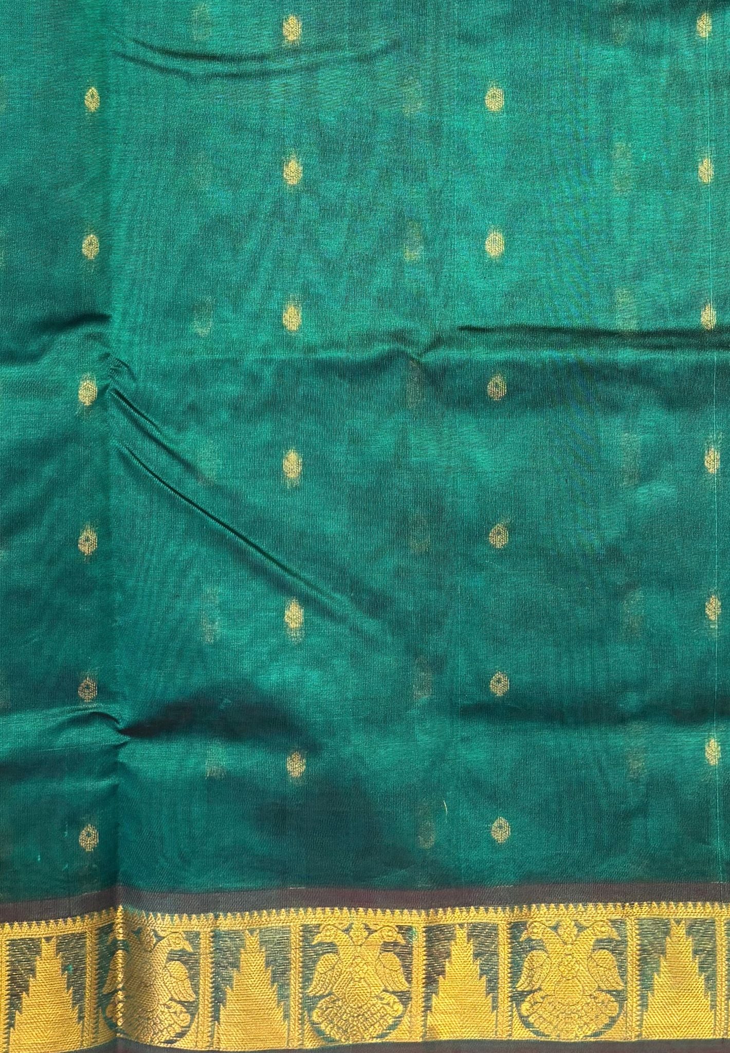 Silk Cotton Saree–Teal Green-Maroon in Mini Buttas with Contrast Border