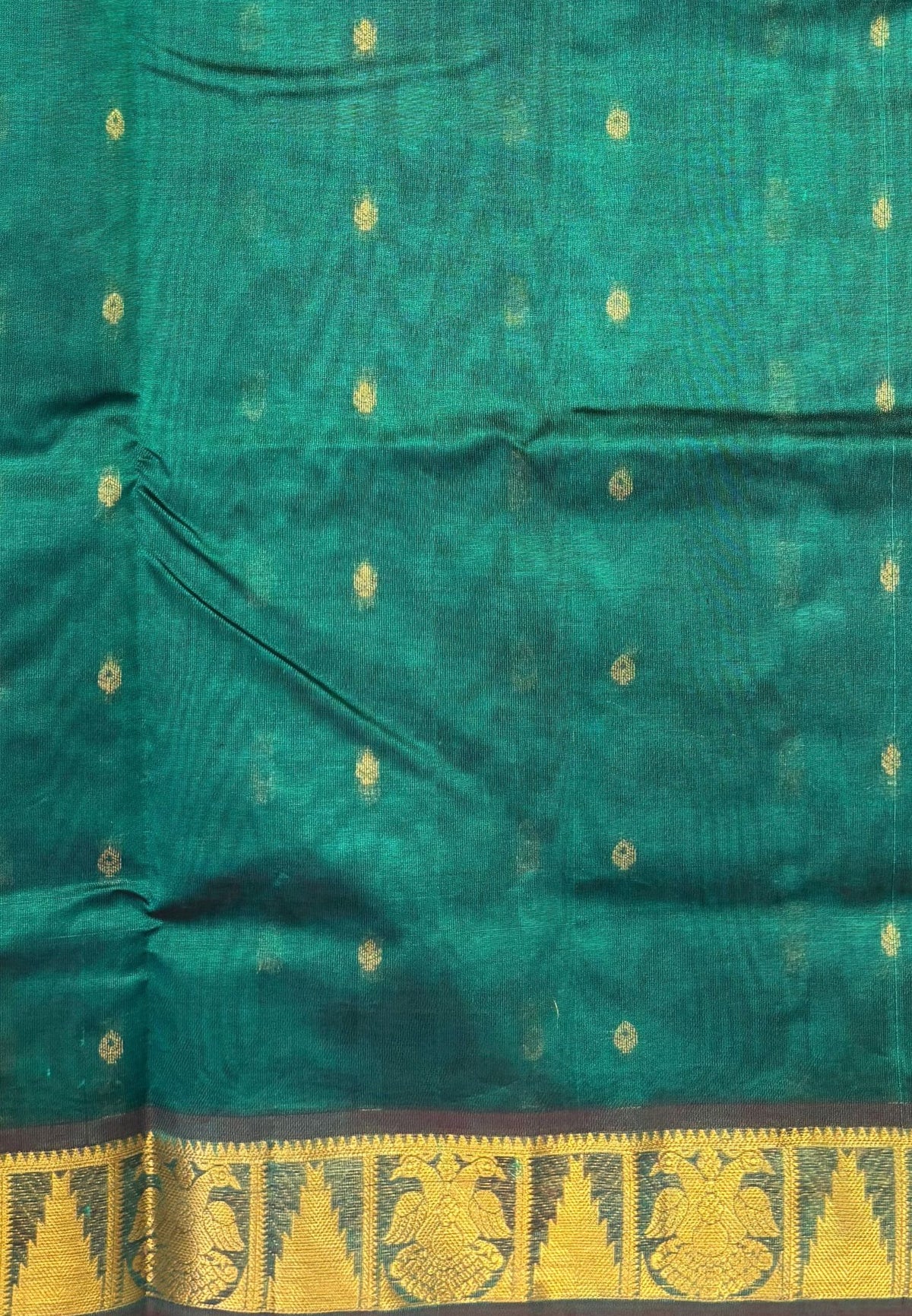 Silk Cotton Saree–Teal Green-Maroon in Mini Buttas with Contrast Border