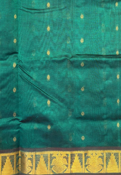Silk Cotton Saree–Teal Green-Maroon in Mini Buttas with Contrast Border