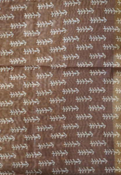 Semi Chanderi Saree-Khaki with Peacock Embroidery