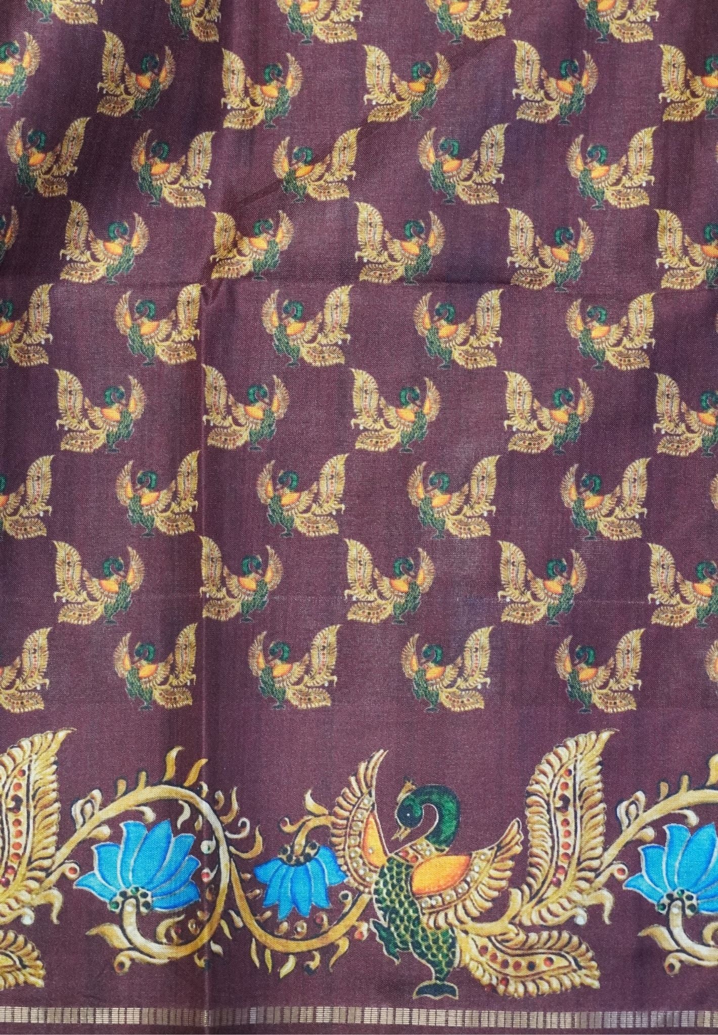 Premium Matka Tussar Saree-Peacock Blue with Contrast Border in Tanjore Print