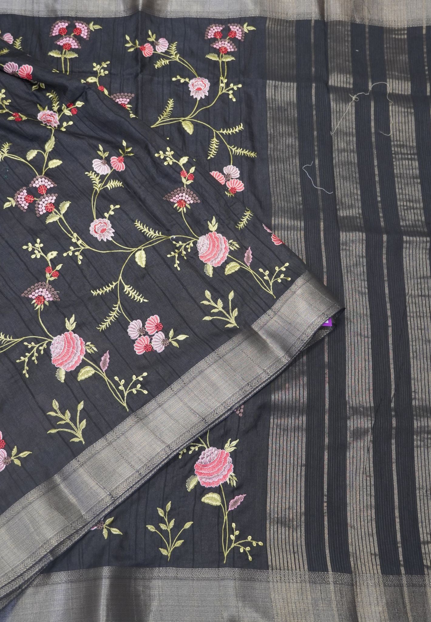 Soft Tussar Saree-Black with Floral Embroidery Work