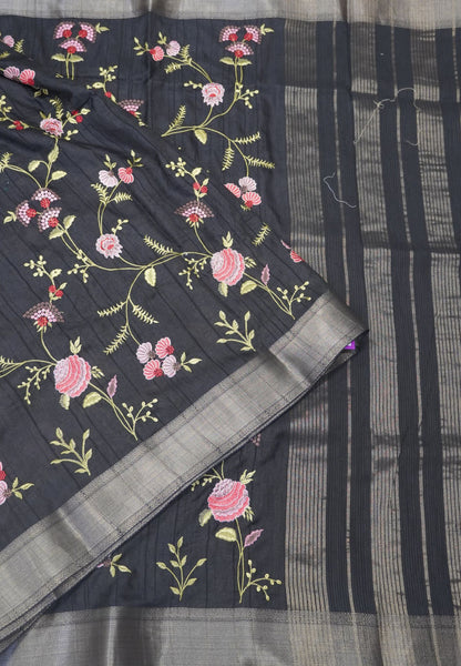 Soft Tussar Saree-Black with Floral Embroidery Work