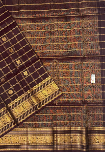 Pure Kanchipuram Silk Saree-Dark Maroon in Peacock & Floral Zari Border
