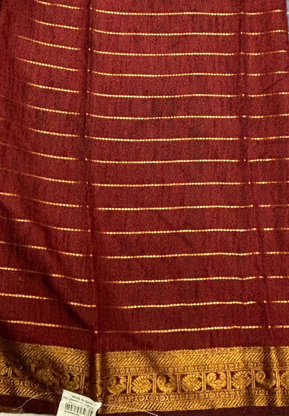 Semi Raw Silk Saree-Dark Grey in Zari Lines with Contrast Annam Border