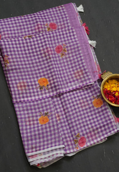 Linen Saree - Checks Light Purple