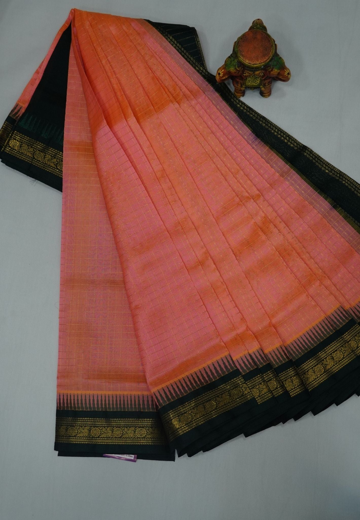 Pure Silk Cotton Saree-Yellowish Peach in Golden Zari Checks with Contrast Border