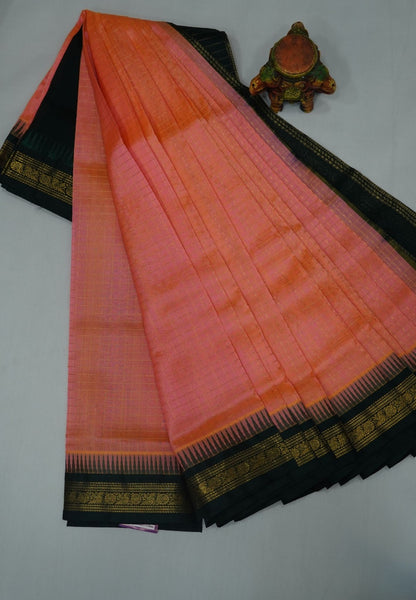 Pure Silk Cotton Saree-Yellowish Peach in Golden Zari Checks with Contrast Border