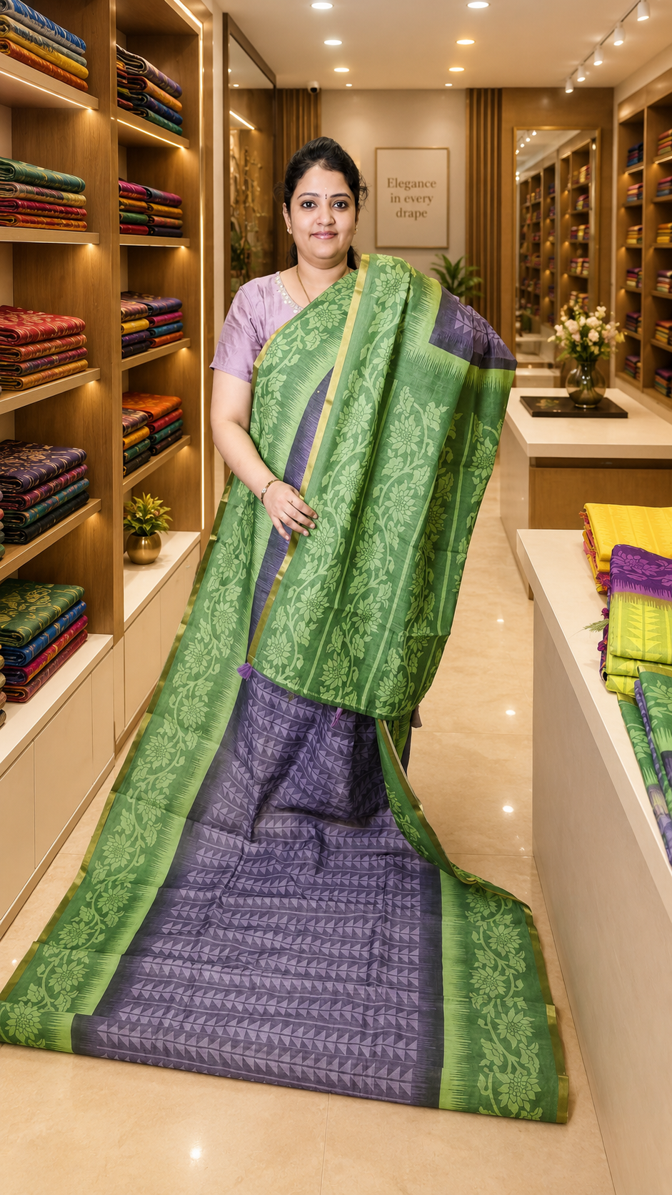 Linen Saree-Light Purple-Green with Abstract Pattern