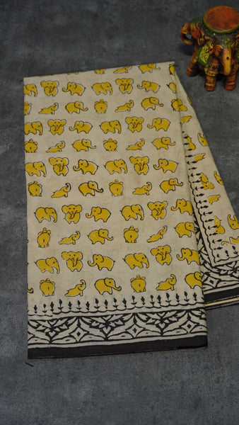 Mul Mul Cotton Saree Elephant Print