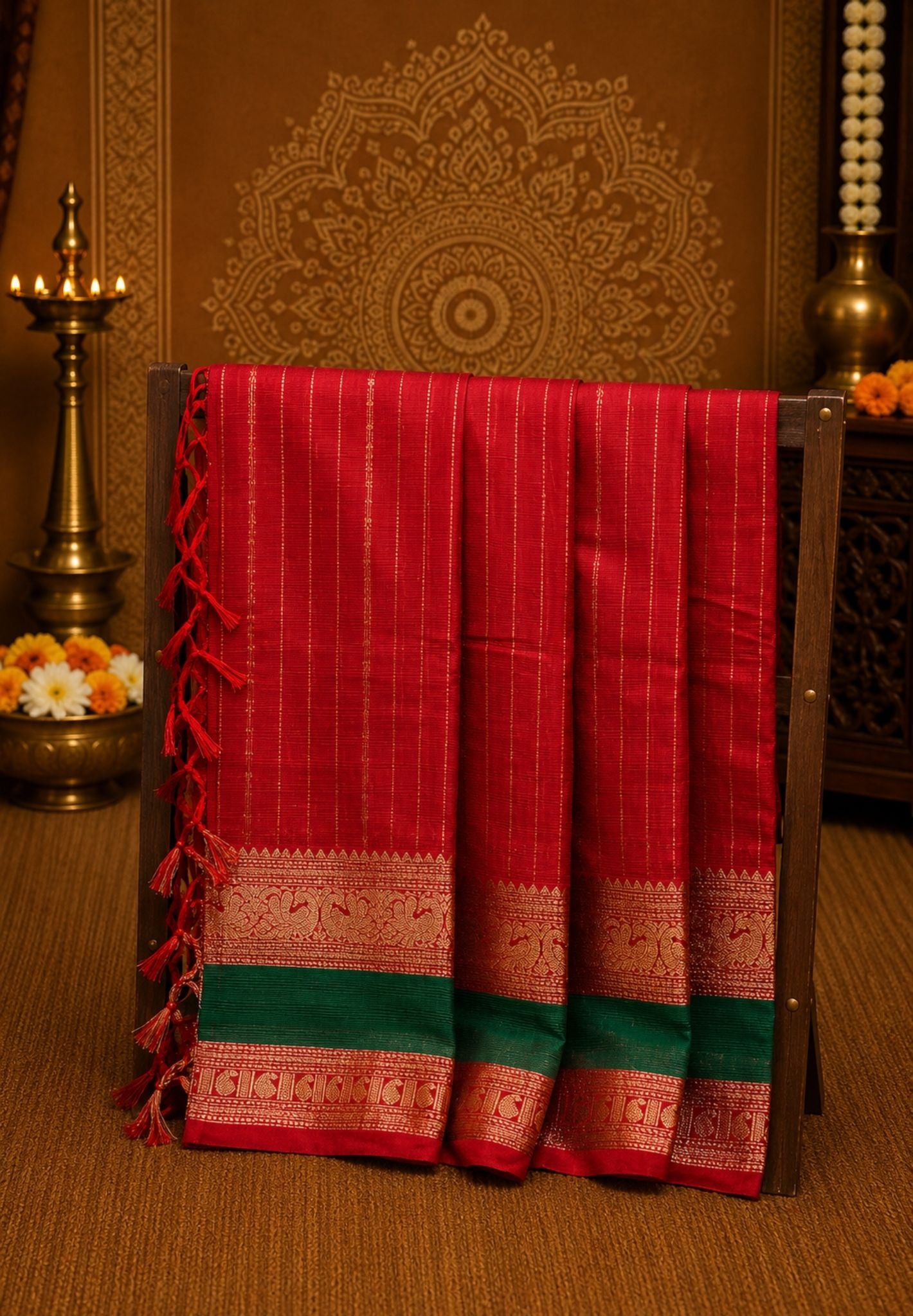 Chettinad Cotton Saree-Red in Contrast Retapett Border