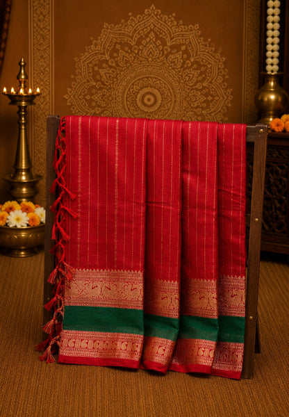 Chettinad Cotton Saree-Red in Contrast Retapett Border