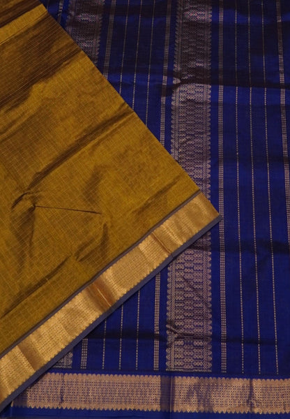 Pure Silk Cotton Saree-Gold in Mini Checks with Contrast Border