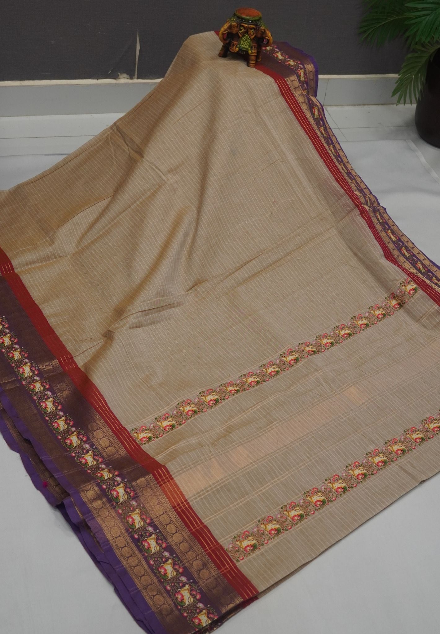 Chettinad Cotton Saree- Beige with Pichwai Tanjore Print