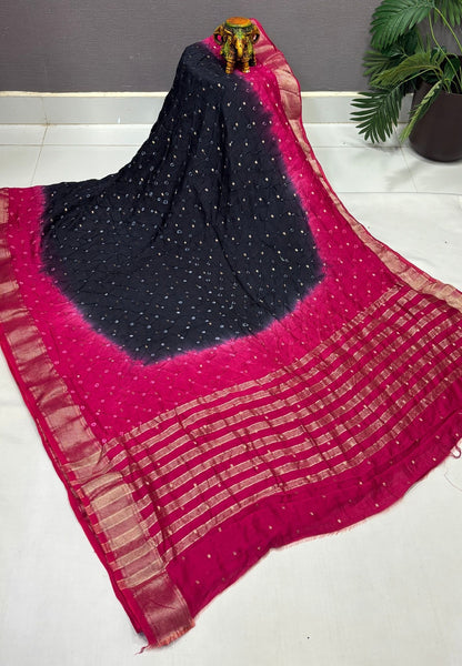 Banarasi Bandeji Saree-Black in Horizontal Stripe Zari with Contrast Border