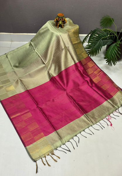 Semi Raw Silk Saree-Light Elachi In Checkered Zari With Contrast Border