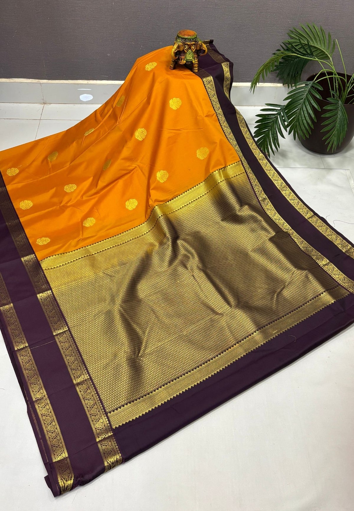 Budget Kanchipuram Saree-Mango Yellow with Contrast Border