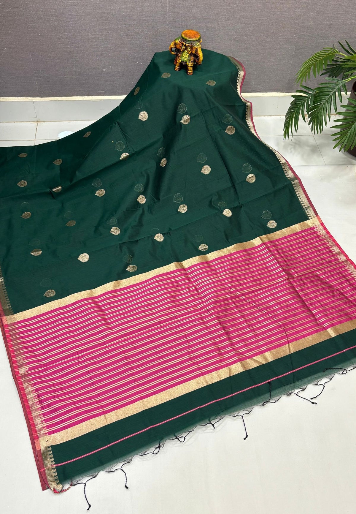 Semi Maheswari Saree-Bottle Green In Golden Stripe Border