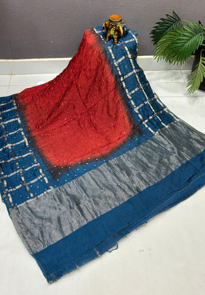 Banarasi Bandeji Saree-Rust Orange in Checked Zari with Contrast Border