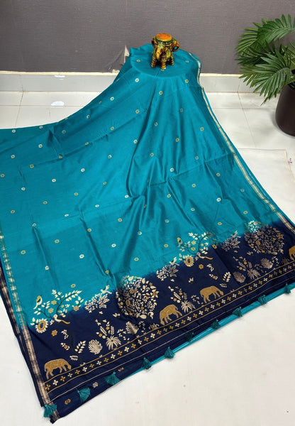 Gaji Silk Saree-Ramar Blue In Warli Tree & Elephant With Contrast Border