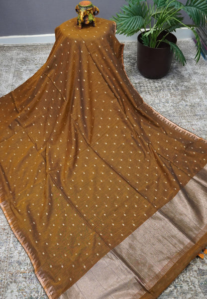 Handloom Cotton Saree-Khaki With Delicate Woven Buttas