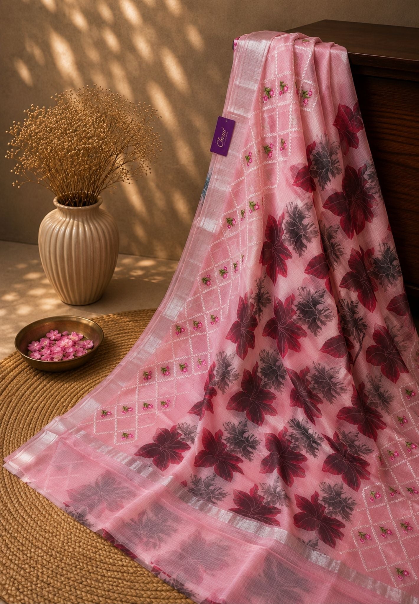 Pure Kota Saree-Peachish Pink in Floral Pattern