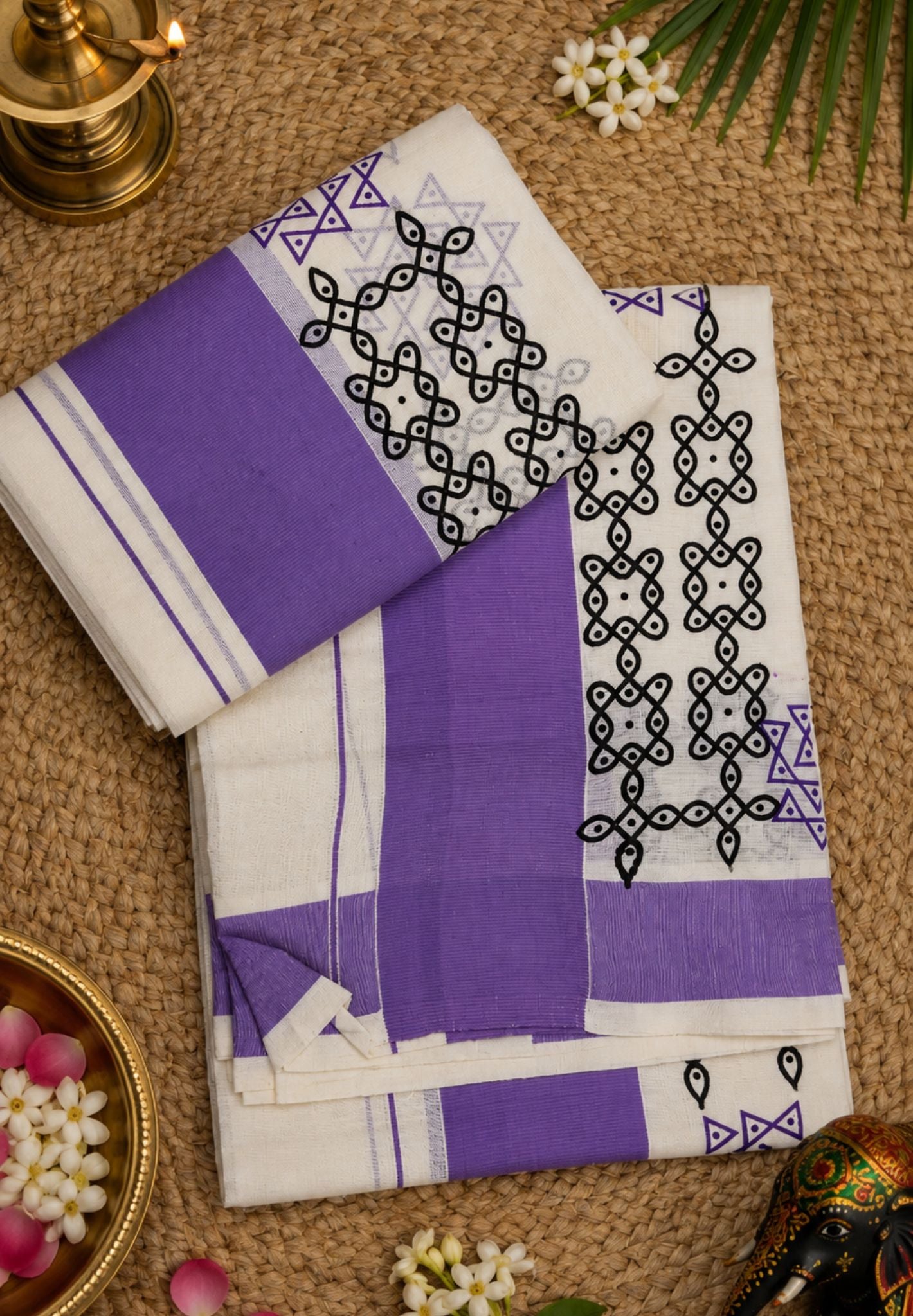 Cotton Set Mund-Off White - Purple with Kolam Inspired Motifs