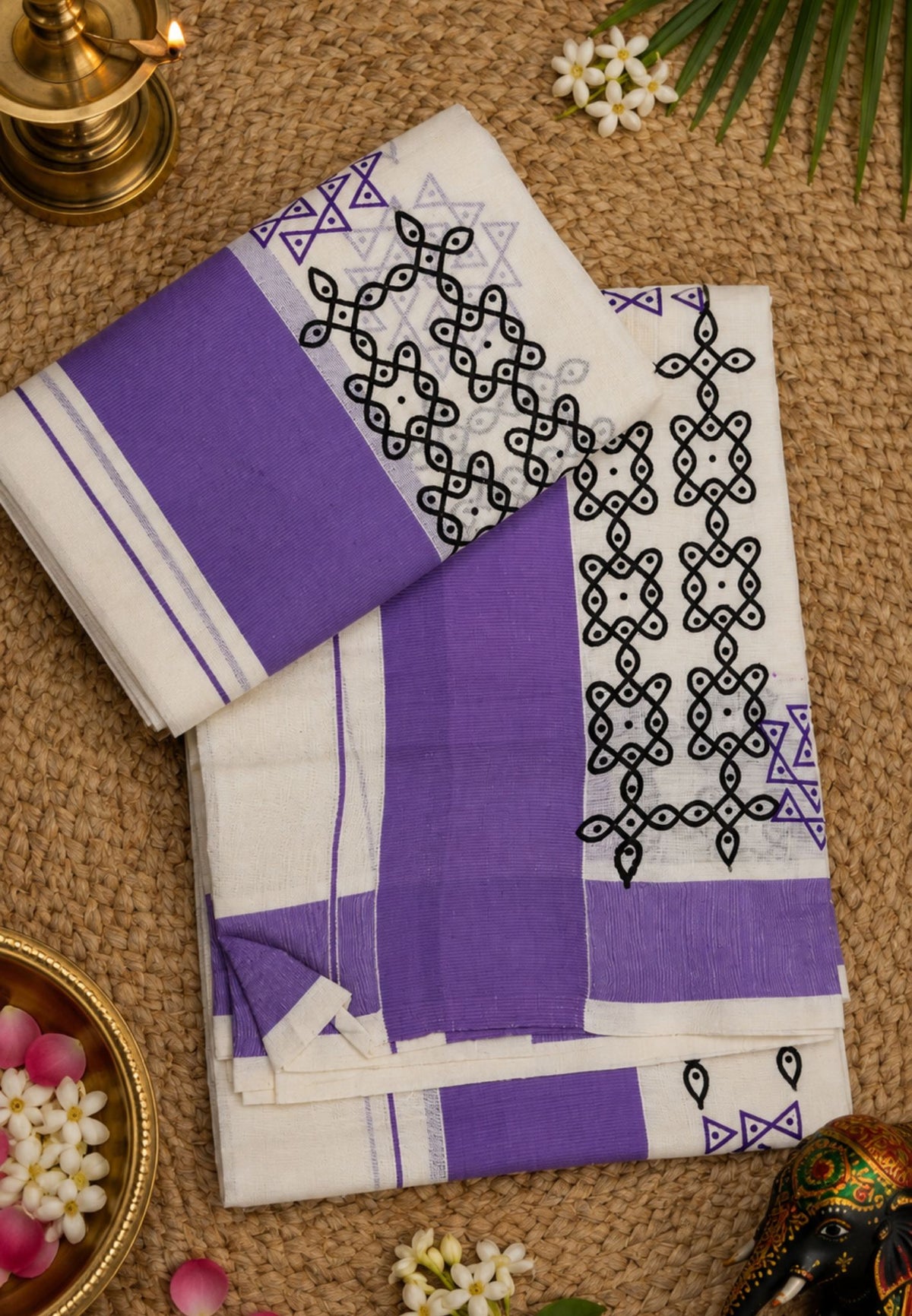 Cotton Set Mund-Off White - Purple with Kolam Inspired Motifs