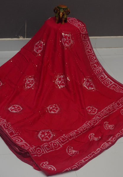 Batick Cotton Saree- Red with Sequence Work