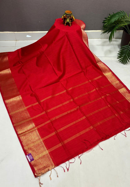 Handloom Silk Cotton Saree-Red In Manga Brocade Zari Border