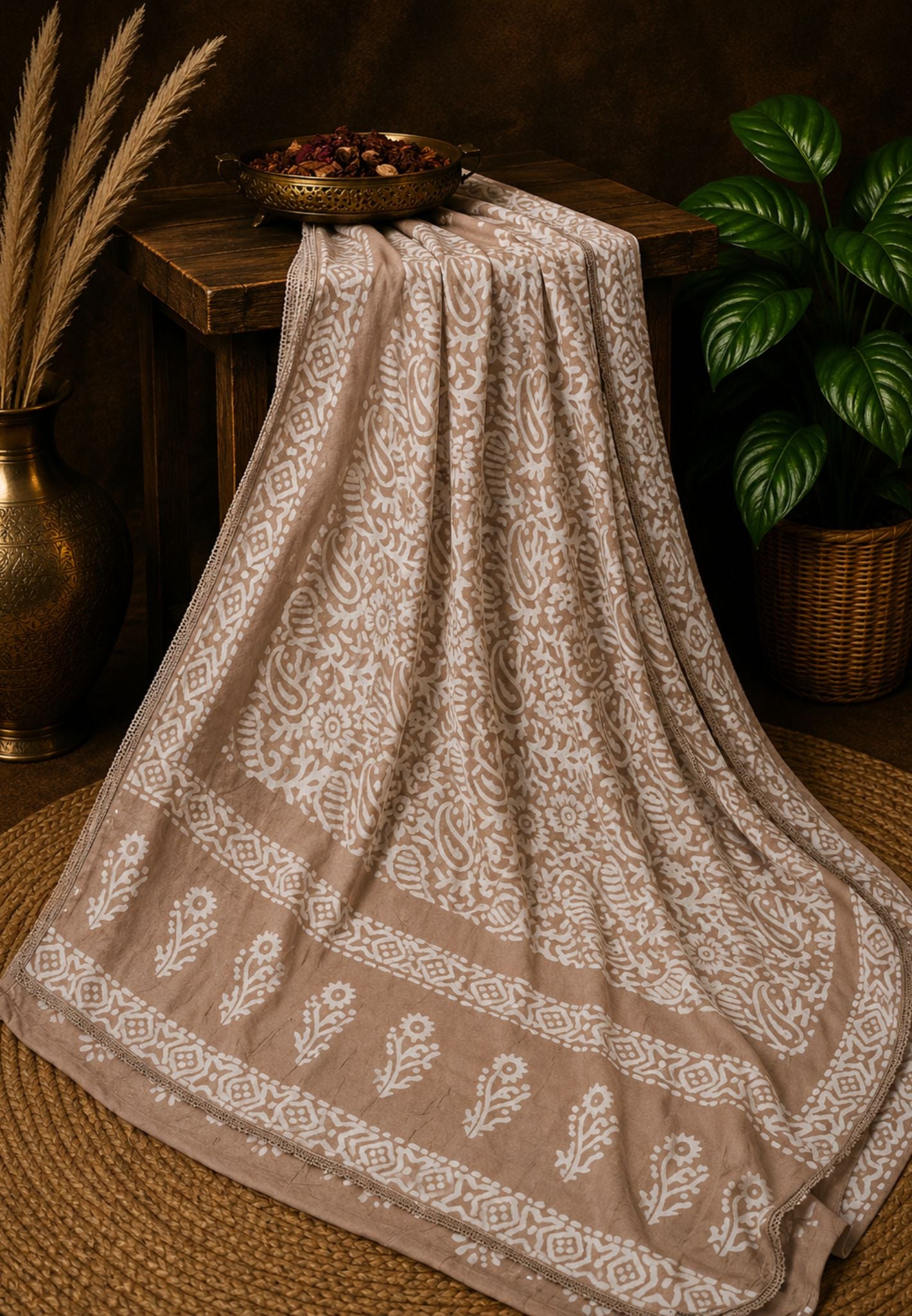 Cotton Saree-Light Brown with Batik Print