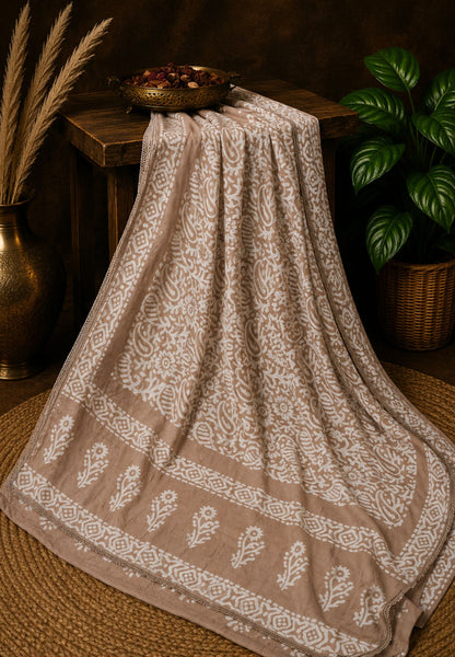 Cotton Saree-Light Brown with Batik Print