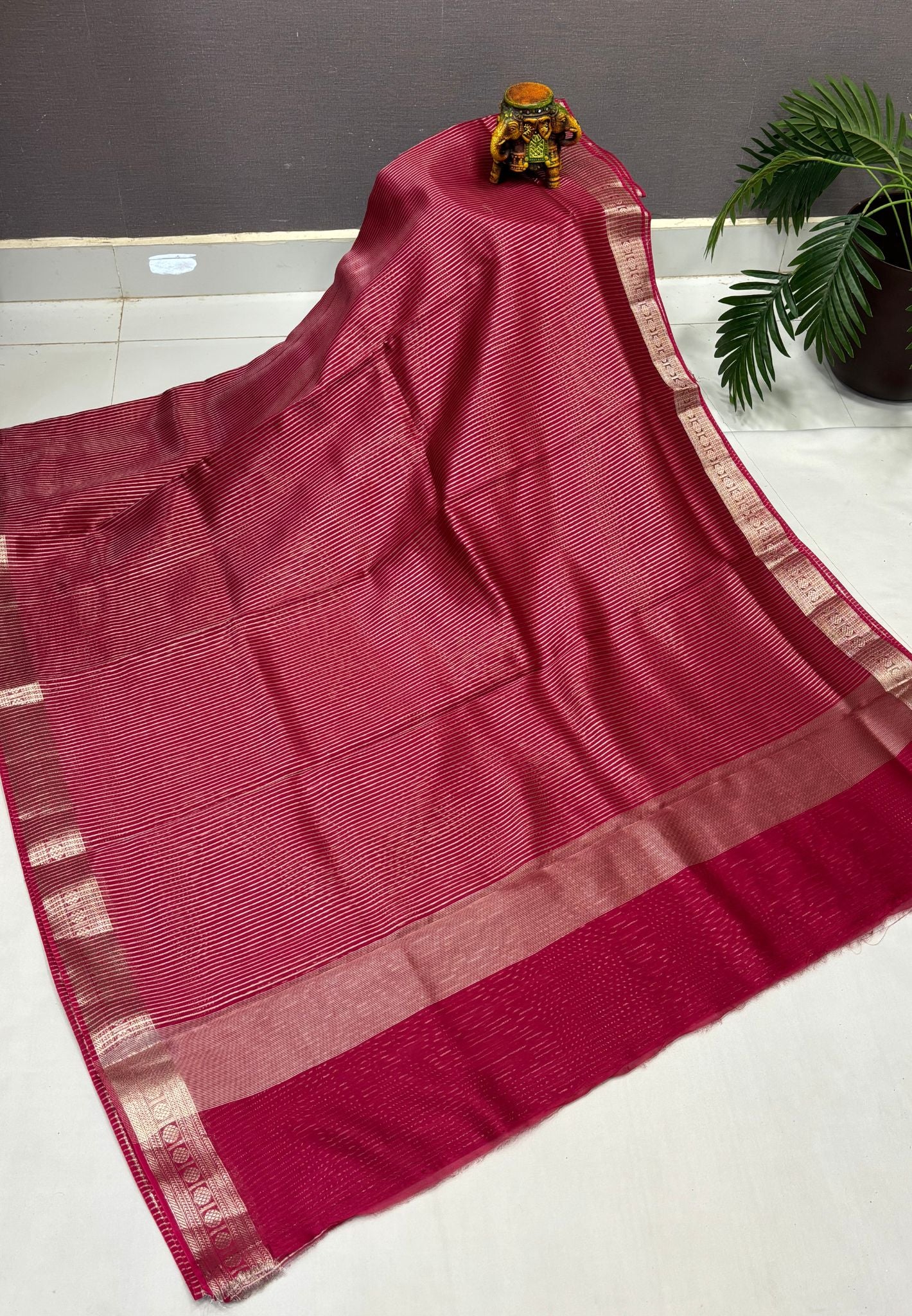 Chanderi Saree-Rani Pink in Fine Stripe Zari Border