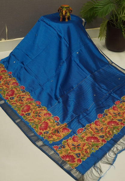 Pure Mangalgiri Silk Saree-Copper Sulphate Blue in Tanjore Print with Aplique Work