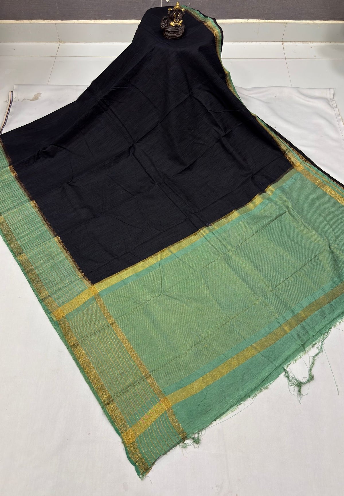 Raw Silk Saree-Black-Light Green With Contrast Border