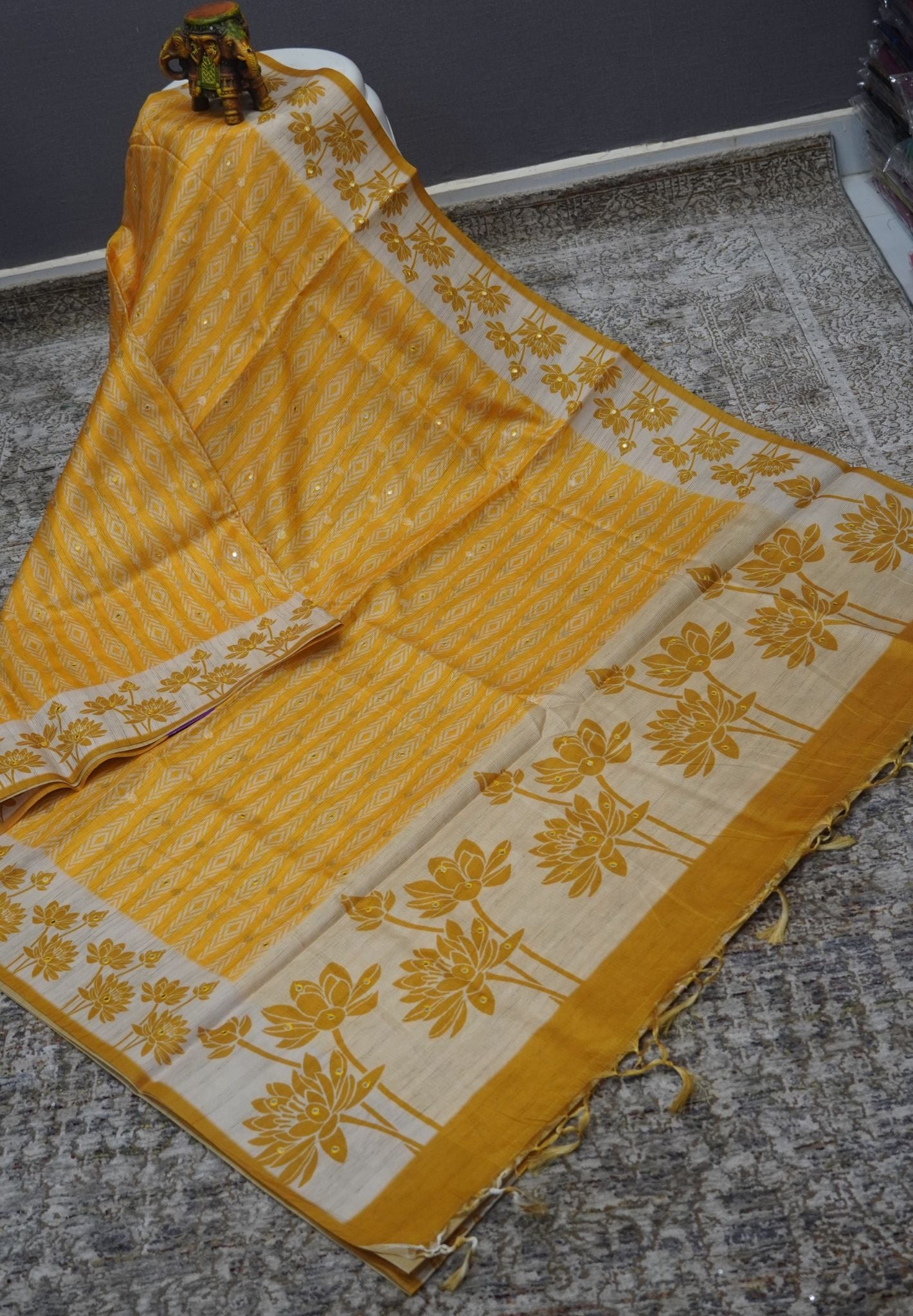 Tissue Kota Saree-Yellow with Mirror Work