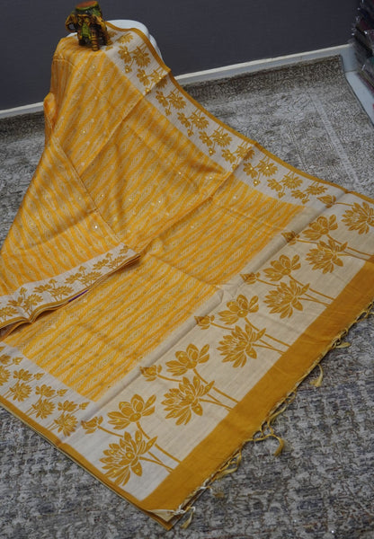 Tissue Kota Saree-Yellow with Mirror Work